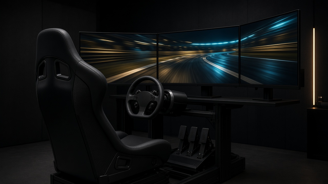 Cockpit de simulation avec volant et trois écrans dans une salle sombre