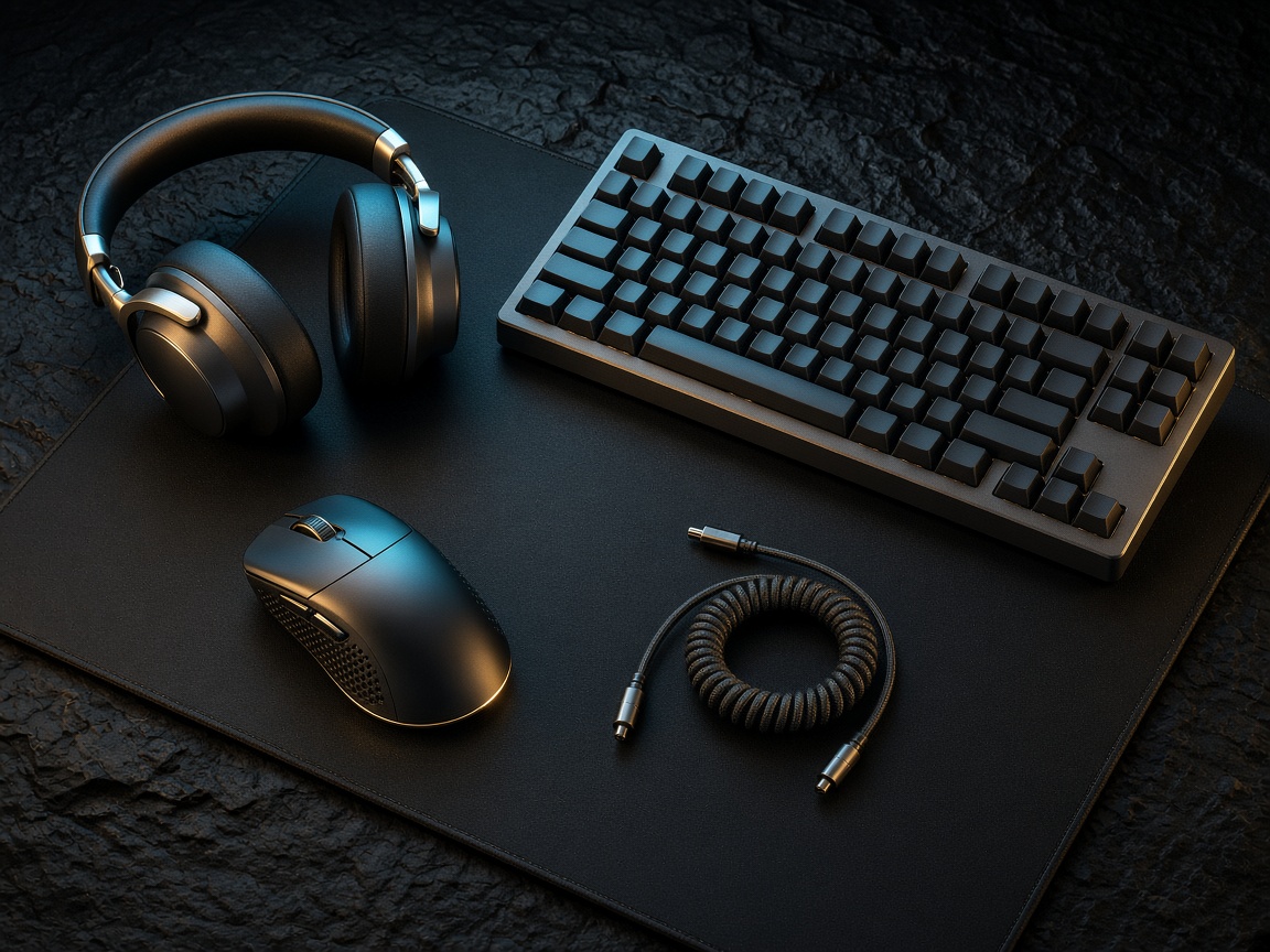 Souris, clavier mécanique et casque disposés sur un tapis sombre