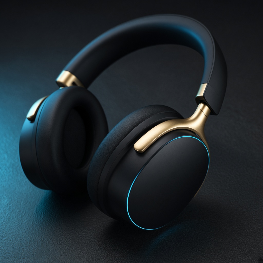 Casque audio sombre cerclé d'un arceau doré