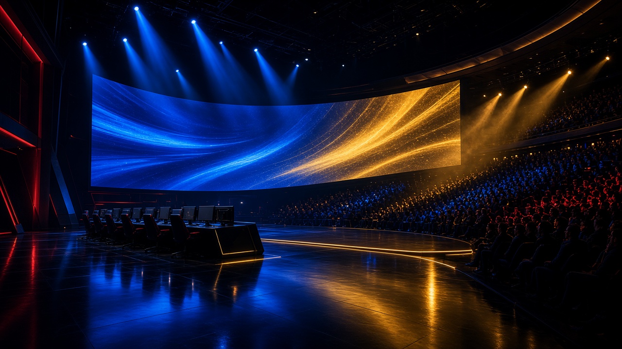 Arène esport plongée dans une lumière bleue et or, avec une scène et un public