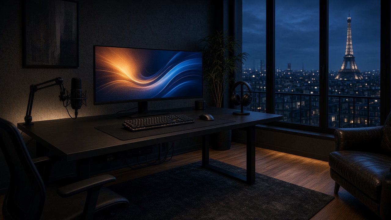 Bureau de compétition dans un loft, écran large et micro sur bras