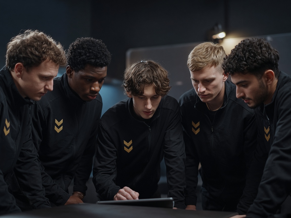 Cinq athlètes esport en vestes sombres réunis autour d'une table