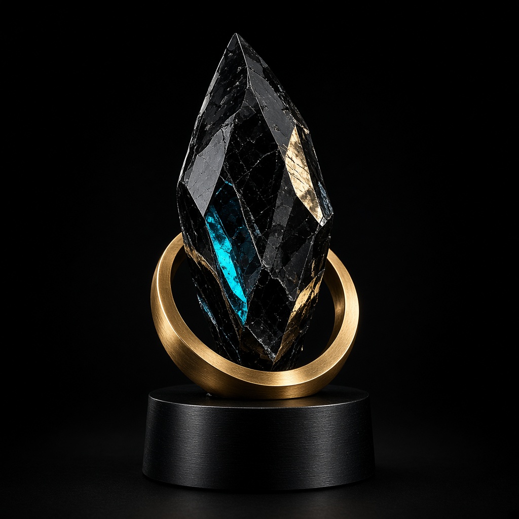 Trophée de cristal noir serti d'or et de cyan