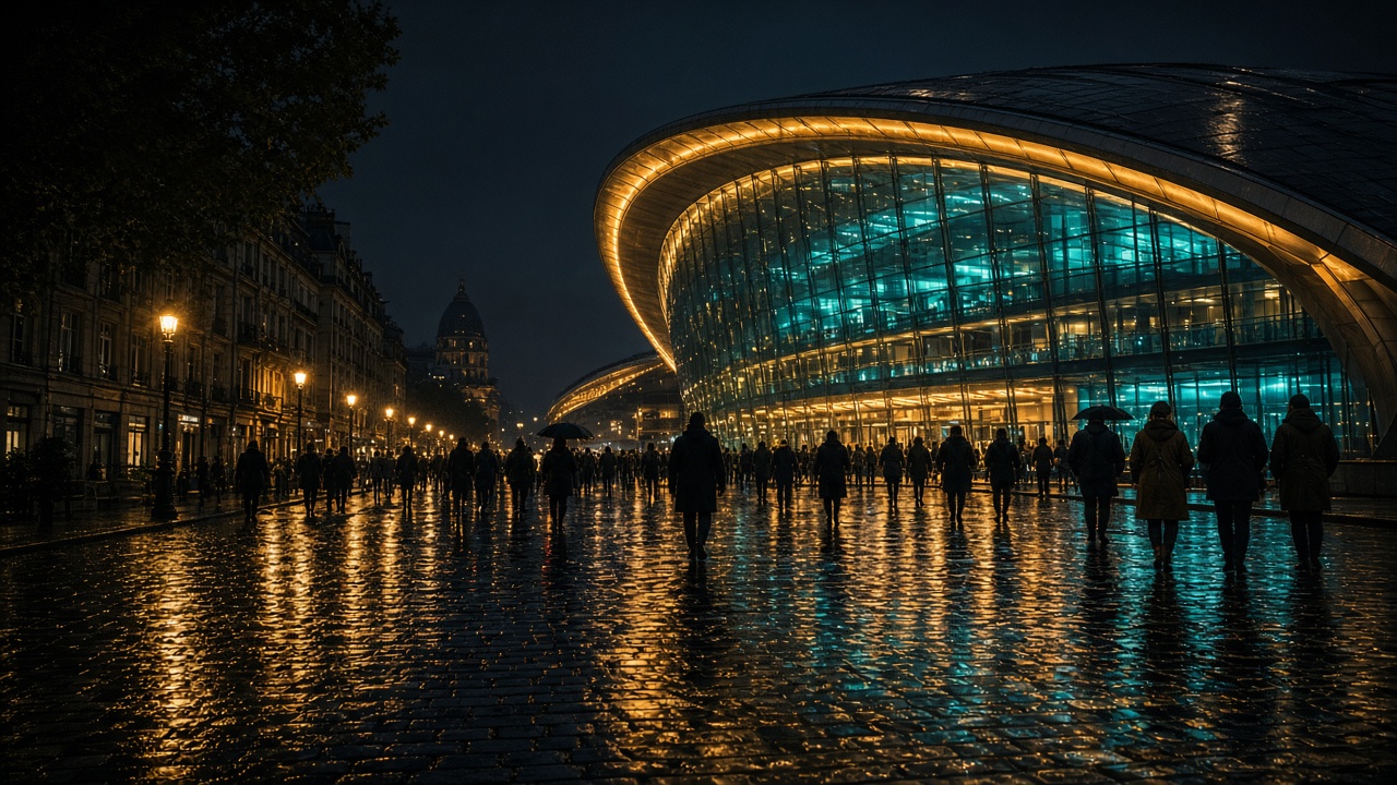 Façade contemporaine d'une salle la nuit, sol mouillé et lumières dorées